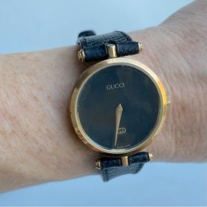 GUCCI Vintage Watch 18K Gold Plated Black Leather Band